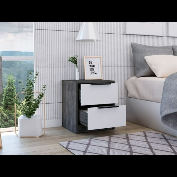 Tuhome Kaia Nightstand, Two Drawers, Metal Handle, Smokey Oak/White MIB6573 - main